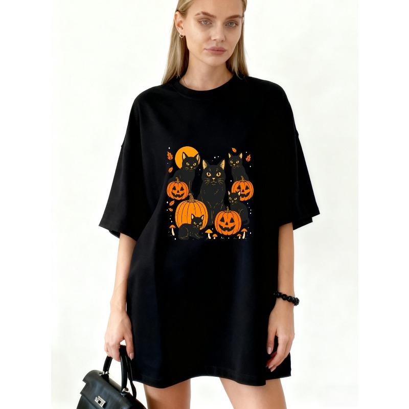 Halloweenové oversized tričko s potiskem černých koček a dýní pro ženy, ležérní podzimní párty oblečení