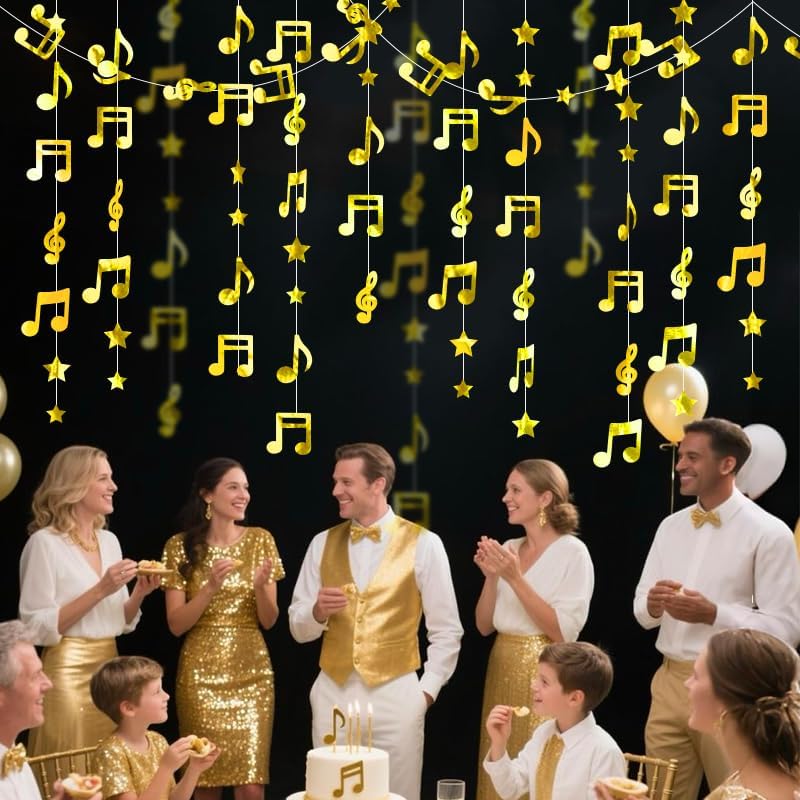 Gold Shimmering Musical Note Star Hanging Garland Gold Music Theme Party Hanging Backdrop Ceiling Decor for Birthday Baby Shower Party Concert