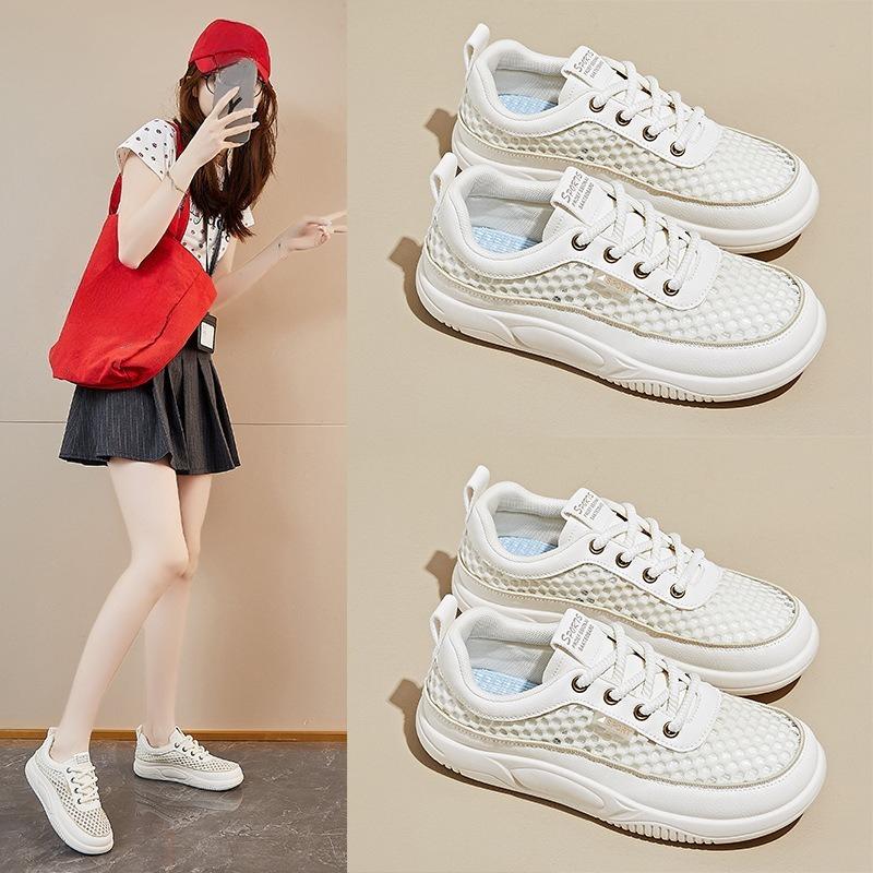 Women's White Sneakers Summer New Mesh Breathable Comfortable Outdoor Sports Shoes Fashion Lace Up Height Increase Flats