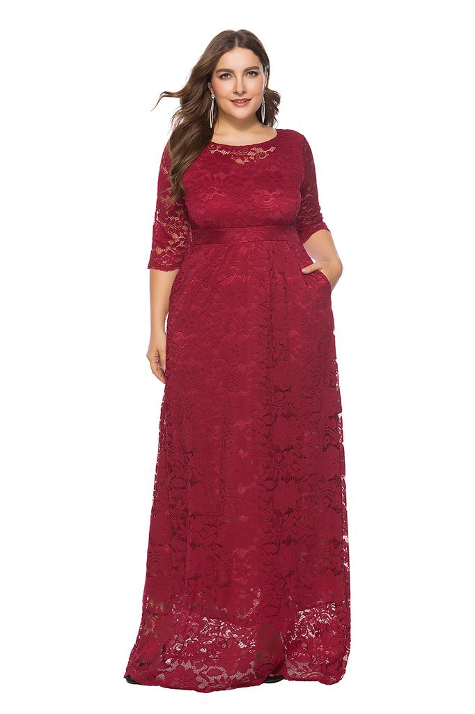 Plus Size Women's Four Seasons Bridesmaid Dress Banquet Annual Meeting Lace Pocket Dress