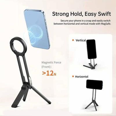 Trípode para teléfono de aleación de aluminio con anillo y mosquetón, ligero, plegable y magnético, con hebilla ajustable.