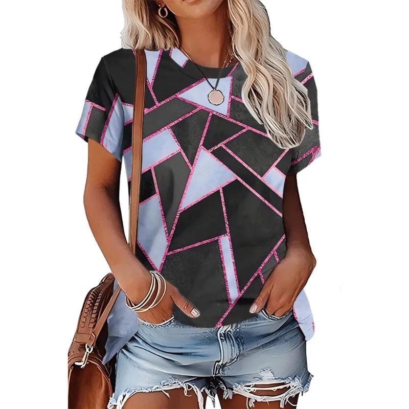 Moda Donna Girocollo Manica Corta Stampa Colore 3D Casual T-shirt Casual a Manica Corta Girocollo