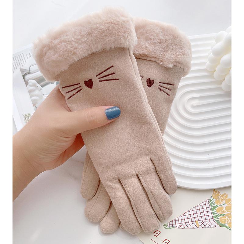 Female thickened cute winter lady riding windproof and cold-proof velvet five-finger riding