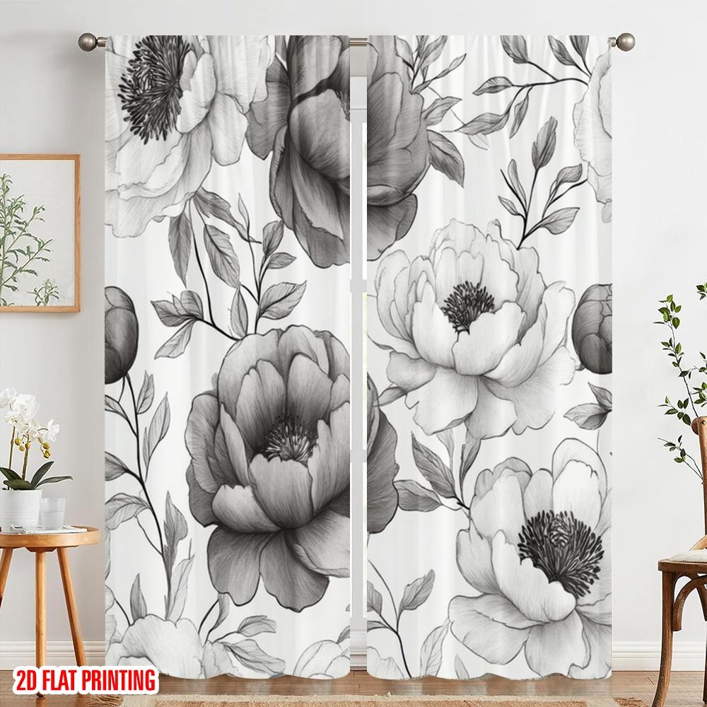 2pcs,2D Plane Printing Curtains Digital Printed Monochrome Blooms Versatile Durable Polyester (without Rod) Festive Perfect for