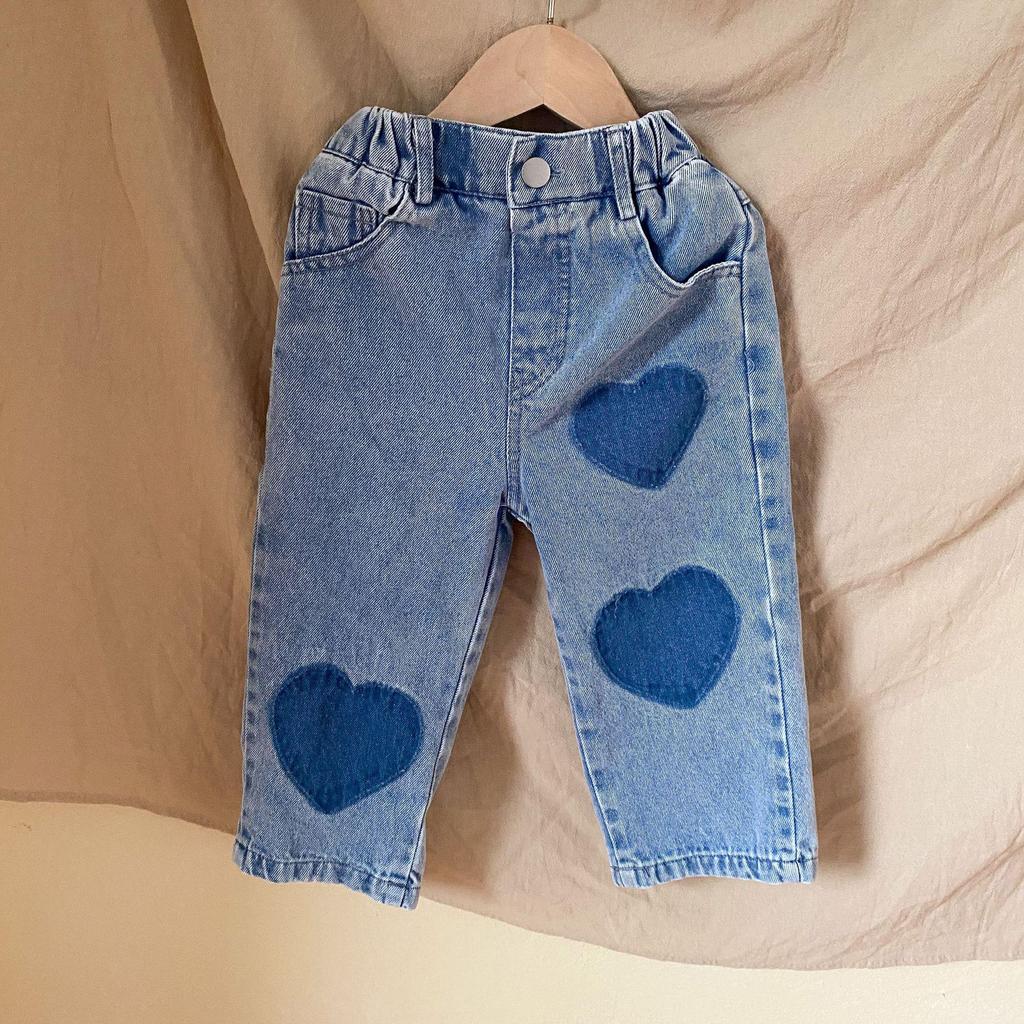 Spring Girl Baby Patch Love Jeans Retro Boy Children Pockets Casual Pants Loose Kid Cotton Trousers Toddler Denim Pants