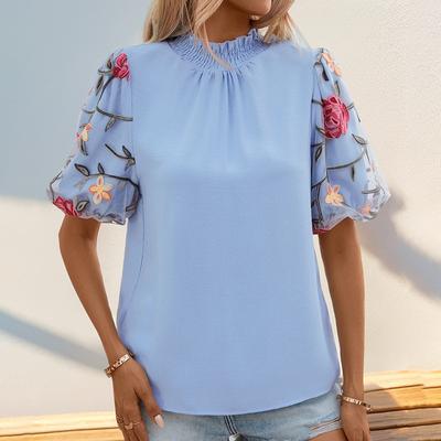 Damenmode Casual Sommer Frühling Blumenmuster Druck Kurzarm Stehkragen Blusen & Hemden