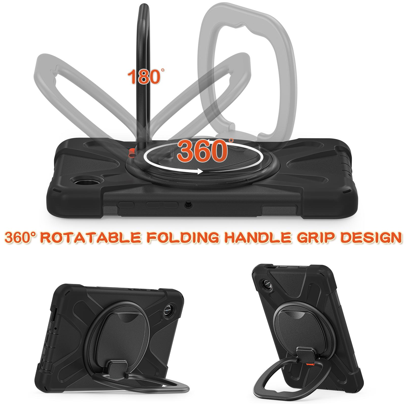 

For Samsung Galaxy Tab A9 Case PC+Silicone Hand Grip Rotating Kickstand Tablet Cover Black+Black