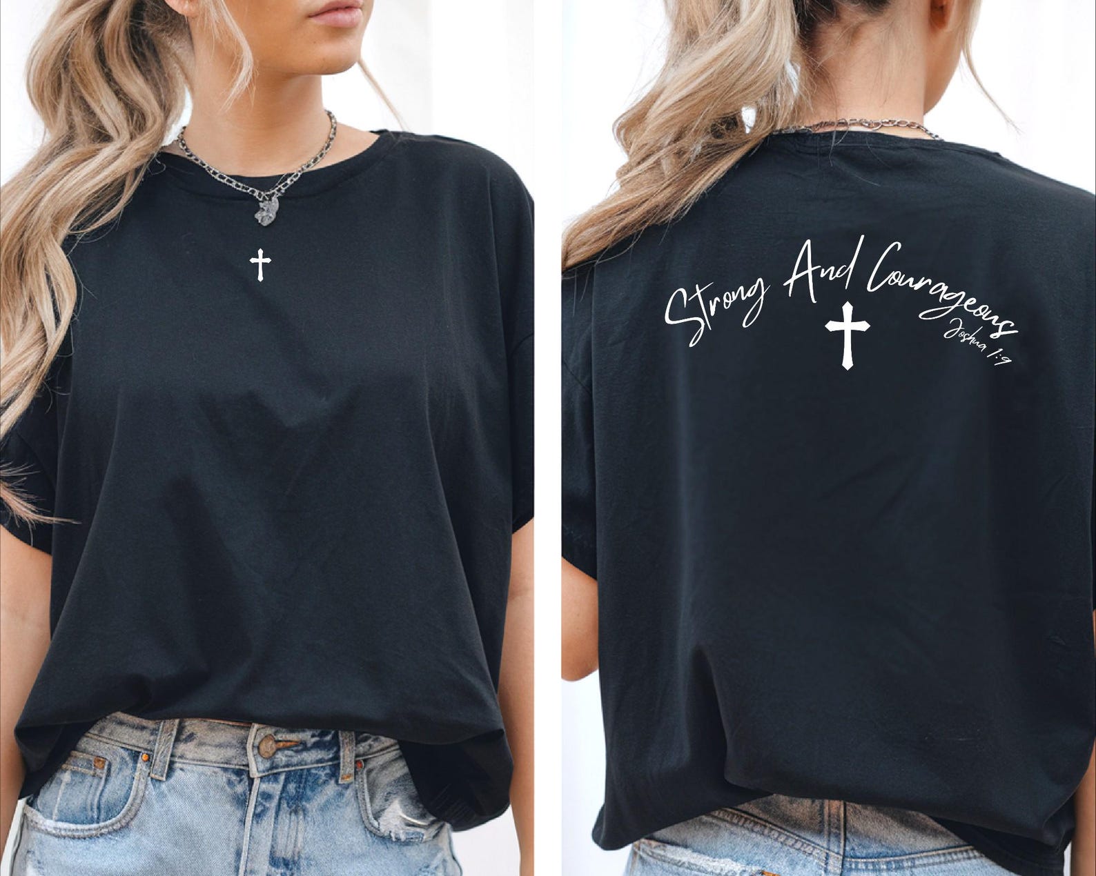 Strong And Courageous Shirt, Christian Cross T-Shirt, Bible Verse Tee, Faith Clothing L