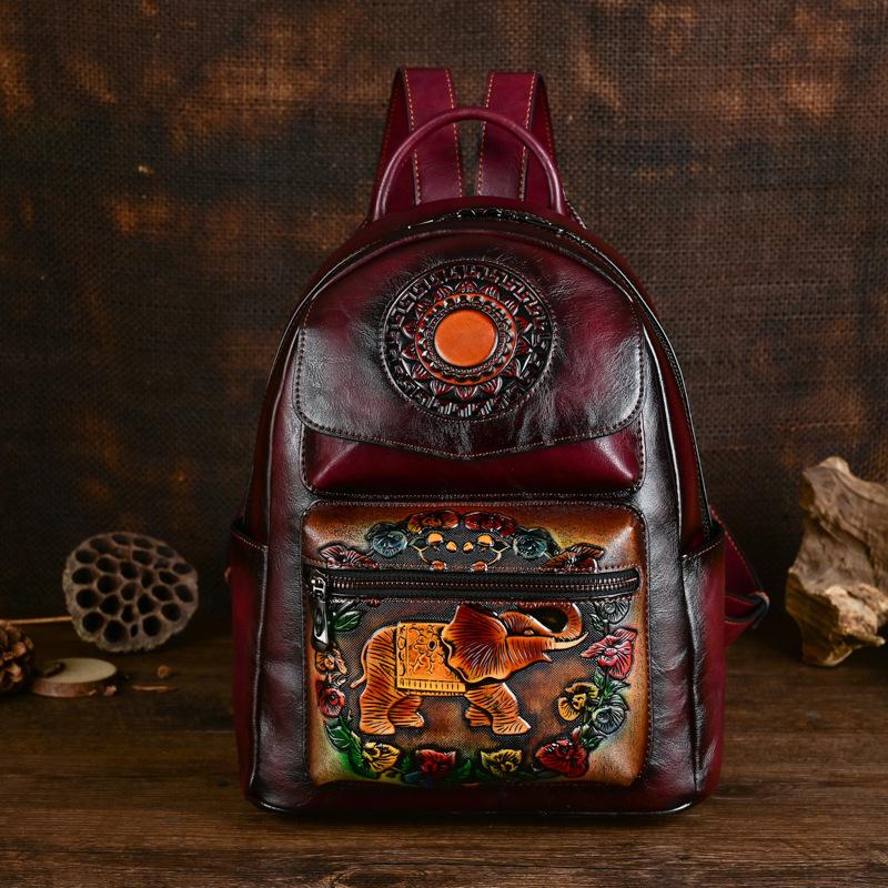 

Johnature Ретро Женский Кожаный Рюкзак Тиснение с Рисунком Слона Большая Вместимость Дорожные Сумки для Отдыха бордовый