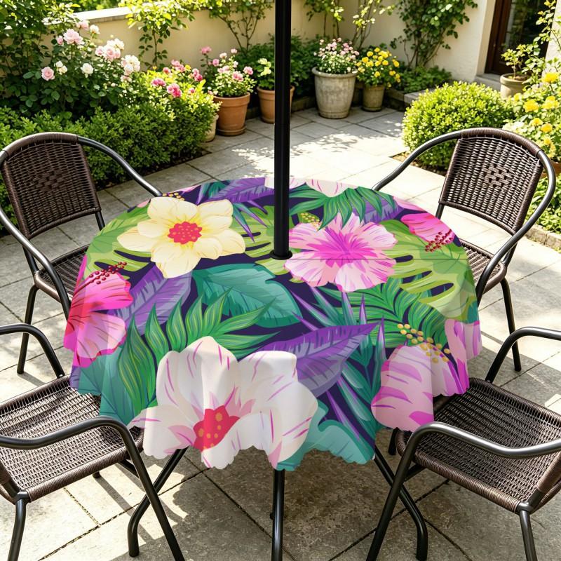 Outdoor Round Tablecloth With Umbrella Hole Waterproof Oil Resistant Floral Leaf Patio Garden Deck