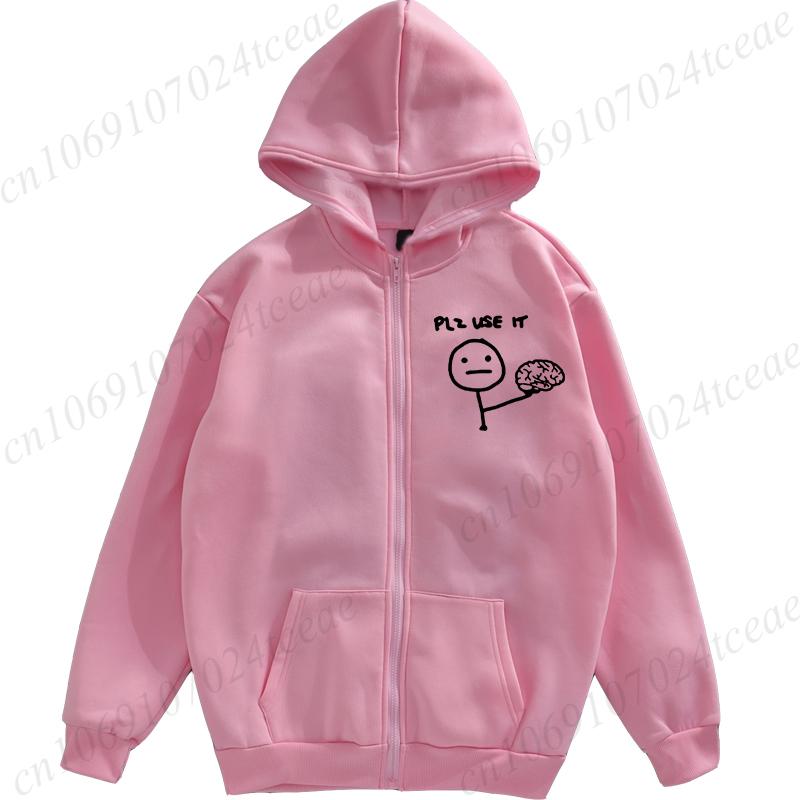 Harajuku Zip Up Hoodies Girl Hooded Sweatshirts Funny Please Use This Your Brain Sarcasm Women Pullovers Pocket Tops Streetwear