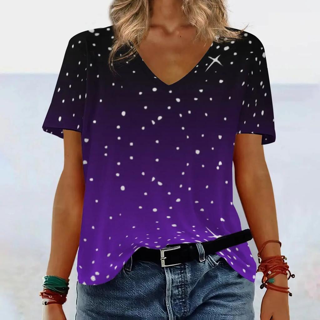 Summer V-neck 3D Gradient Printed Top Fashionable Casual Short Sleeved Women's T-shirts