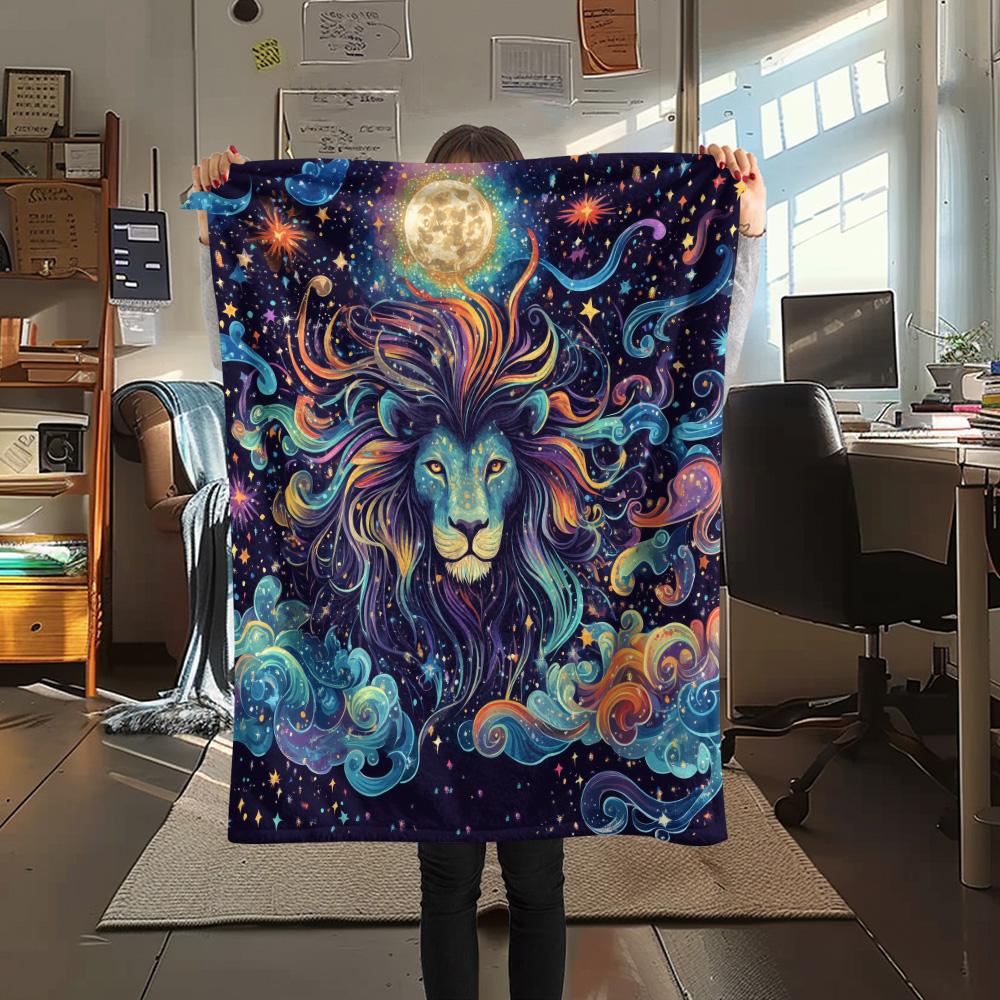 Starry Sky Lion Print Flannel Blanket, High quality Comfortable for All Seasons, Home Decor, Warmth and Comfort