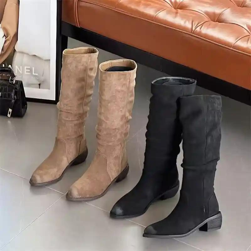 New Women's Vintage Chunky Heel Western Cowboy Boots for Women Winter Suede Ankle Boots Woman Pointy Chunky Heels Short Boots