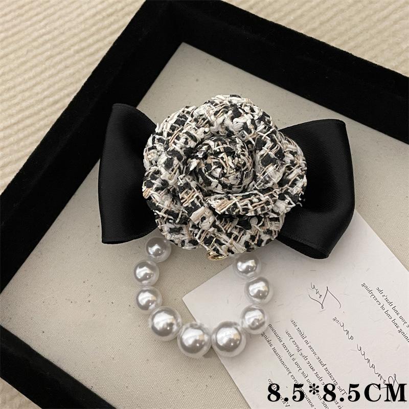 Small Fragrant Shiny Bead Bow Camellia Brooch Black Mourning Bow Tie Brooch