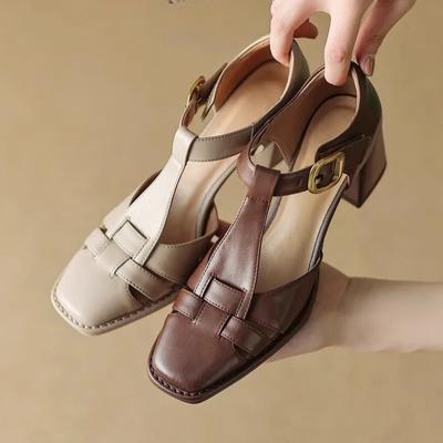 Fashion French Block Heel Baotou Roman Shoes Women's Summer Cutout Vintage High Heel Sandals