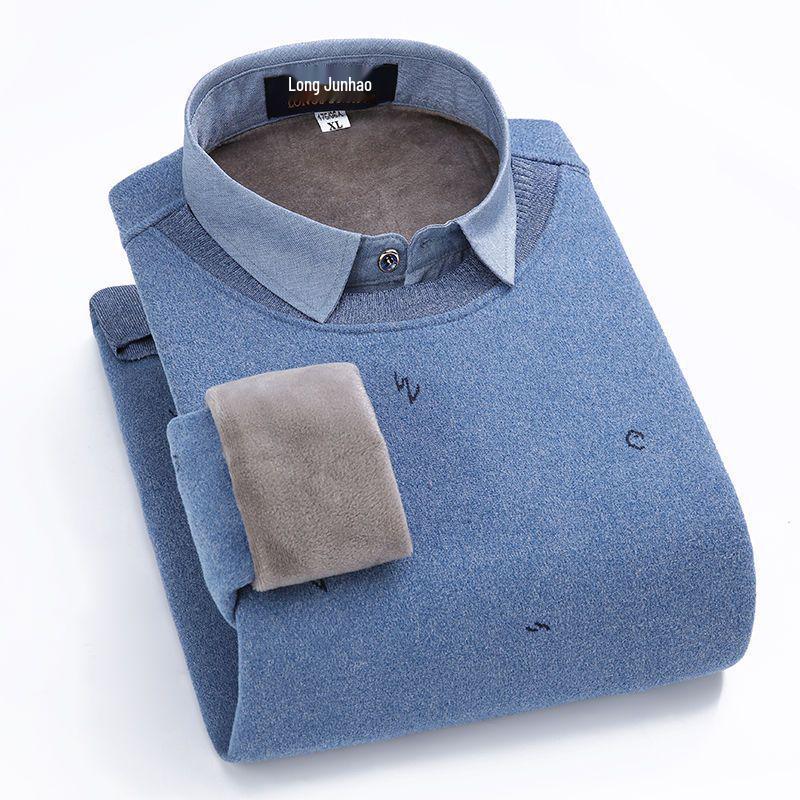 Men's Loose Knit Sweater with Faux Two-Piece Shirt Collar, Fleece-Lined, Thick Warm Winter Stand-Up Collar Top