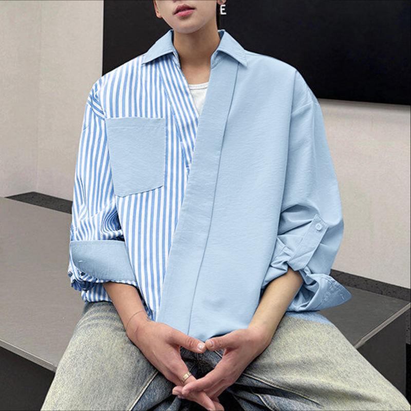 INCERUN Oversized Men Lapel Neck Long Sleeve Striped Patchwork Casual Shirts Tops 
