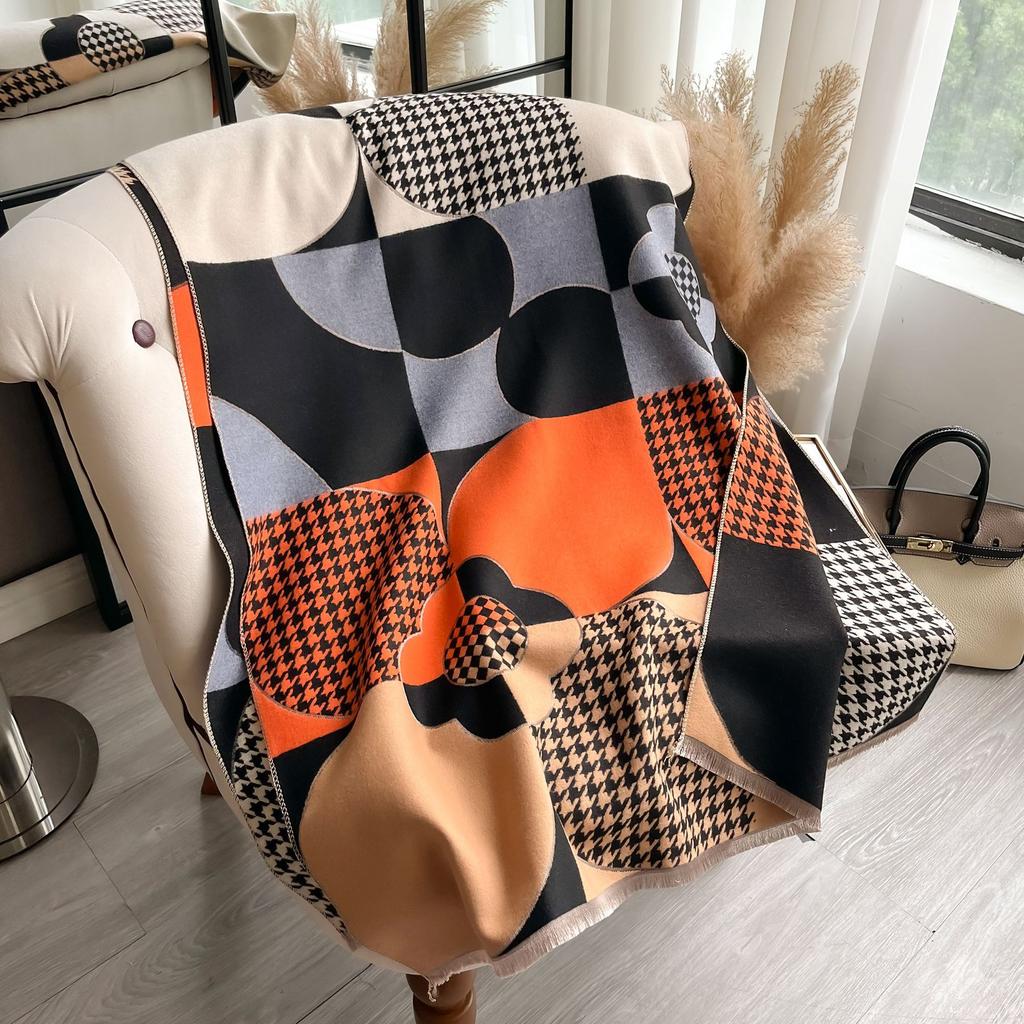 Korean Version Of Bird Grid Geometric Shape Splicing Flower Fashion Versatile Commuting Imitation Cashmere Warm Women'S Scarf