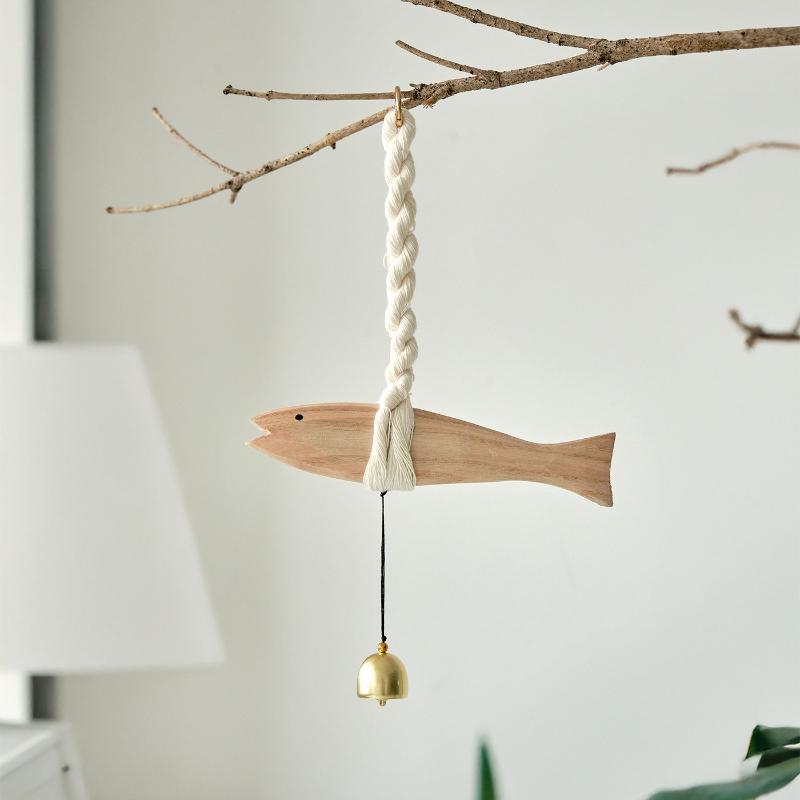 Hand Carved Solid Wood Fish Doorbell and Car Ornament Rustic Wall Decor Lucky Housewarming Gift for New Home