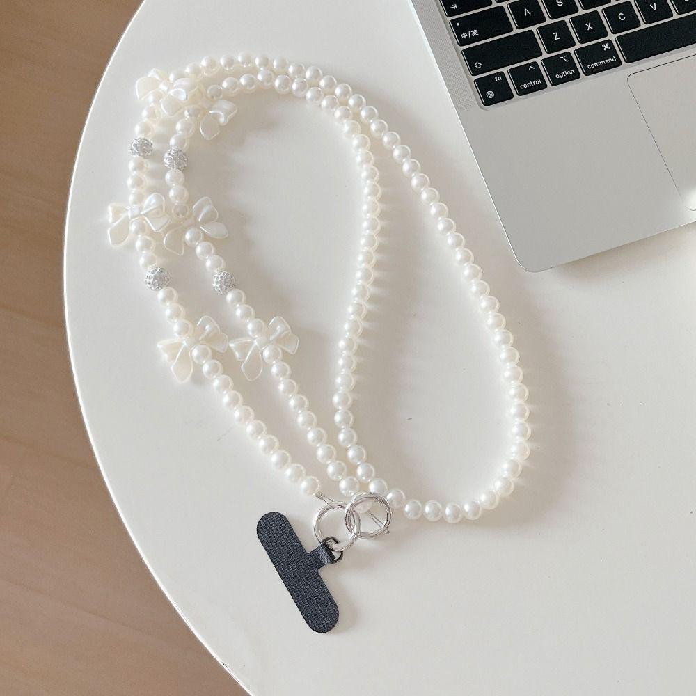 Delicate Love Heart Bowknot Crossbody Phone Chain Hanging Decoration Pearl Phone Lanyard Messenger Bag Chain