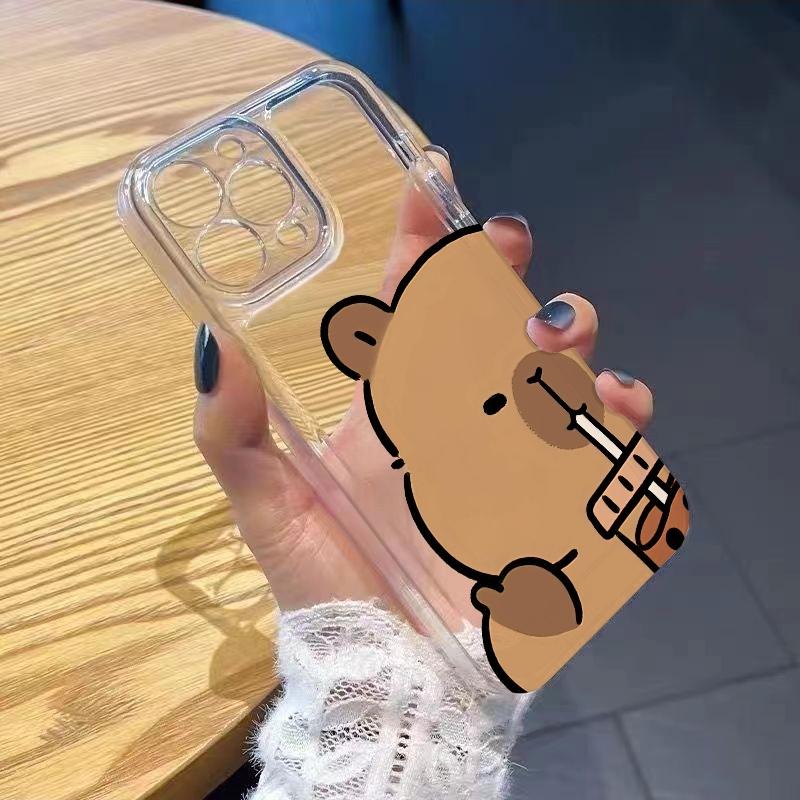Chill Capybara Drink Phone Case For iPhone 17 Air 16E 16 15 14 11 Pro Max Plus 13 12 Mini 8 7 X Transparent Shockproof Cover