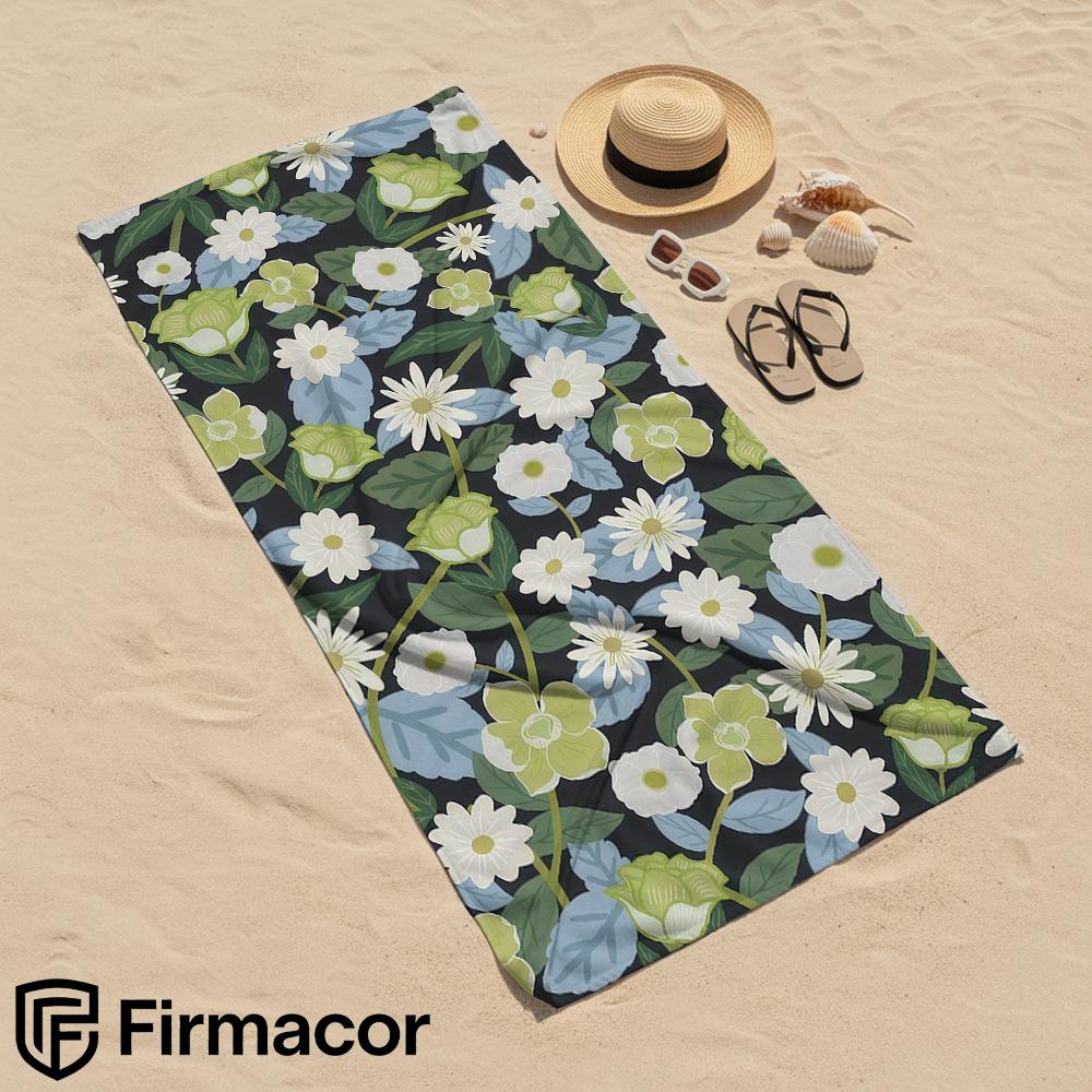 Dark Base Green and White Floral Soft Portable Travel Towel Unisex Ultra Lightweight Oversized Sand Free Quick Dry Beach Towel