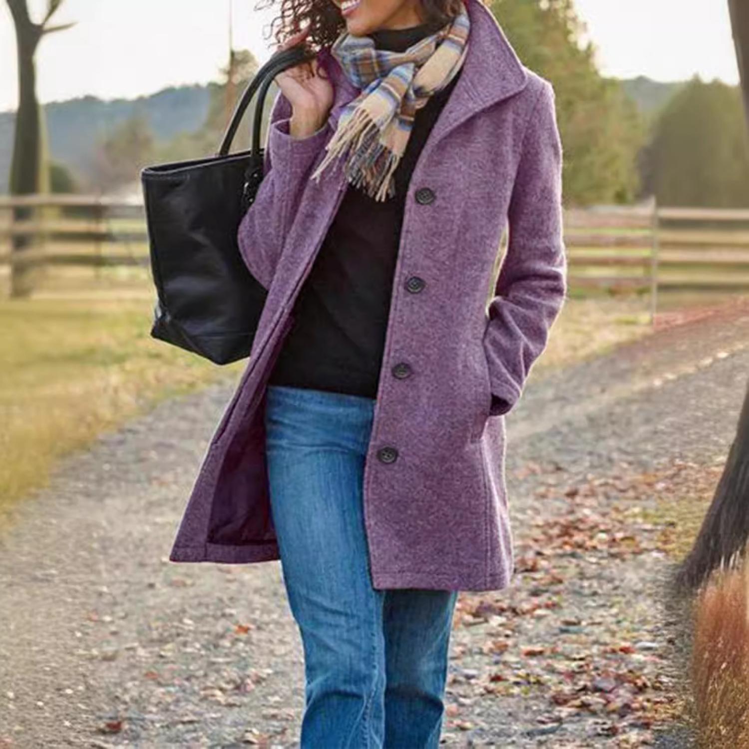 

Однотонне однобортне пальто, повсякденний верхній одяг з довгими рукавами на осінь і зиму, жіночий одяг XXL фіолетовий