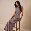 Women's Long Dress, Fashionable Casual, Color Blocked, Striped Dress, Waist Cinched, Round Neck, Short Sleeved, Long