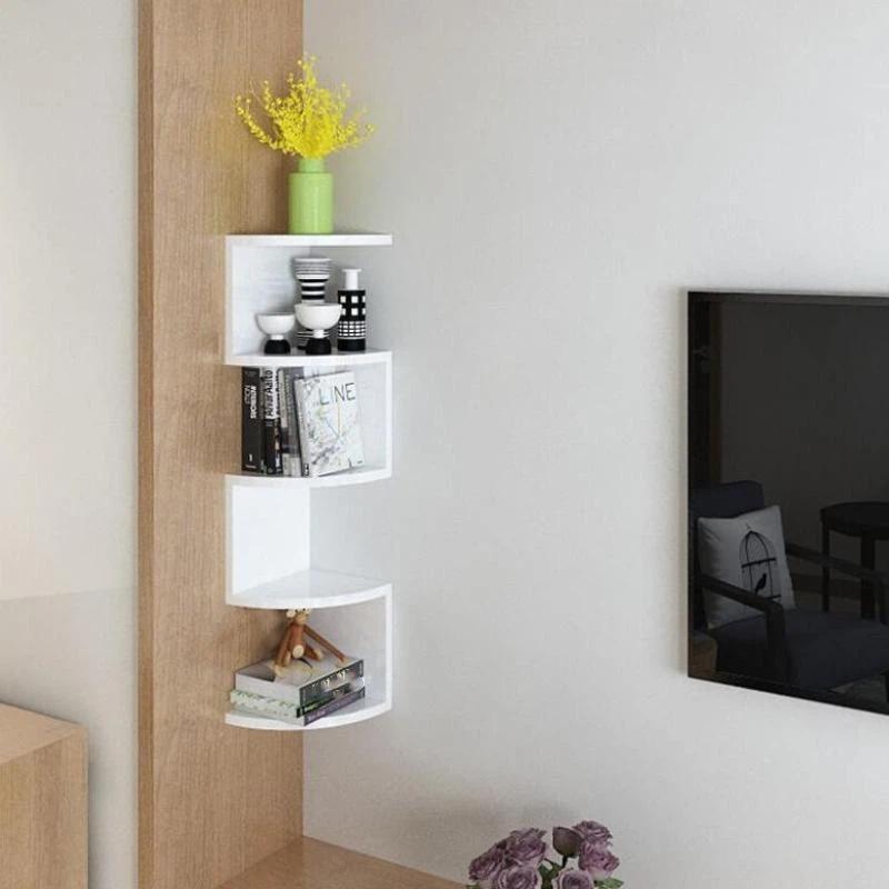 Tier Corner Floating Shelf Unit, Wall-Mounted Plastic Storage Rack, Space-Saving Triangular Design, Suitable For Living Room