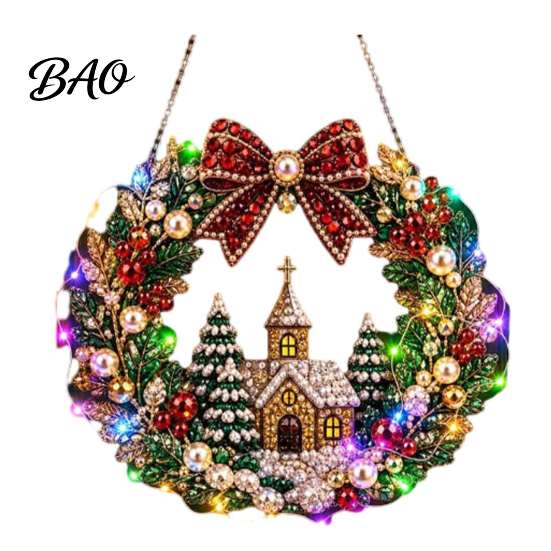 Seasonal Holiday Crafting Set Christmas Diamond Painting Wreath Kit with LED String Lights, Snowman Pearl Art Shiny Acrylic Craft for Adults,