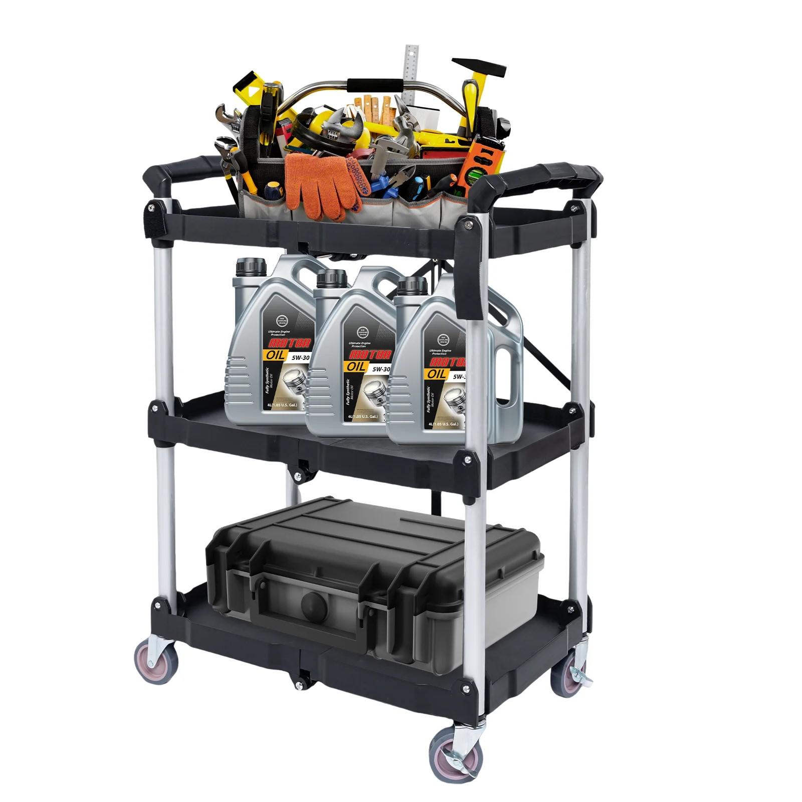 Foldable Service Carts with Wheels 3 Tier Portable Utility Rolling Tool Garage Cart Collapsible Storage Cart чёрный