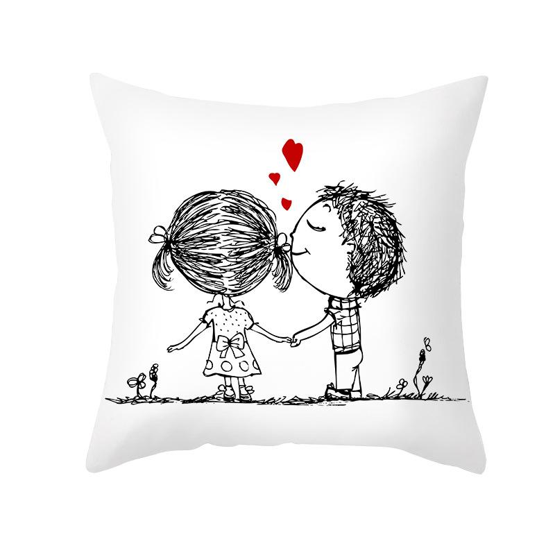 Home Valentine's Day Pillow Case Peach Skin Print Couple Love Heart Sketch Pillow Cushion