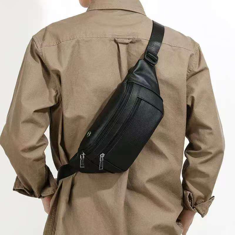 

Мужская водонепроницаемая спортивная сумка на пояс и через плечо из коровьей кожи чёрный