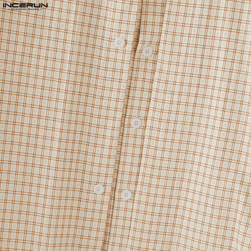 INCERUN Oversized Men Lapel Neck Long Sleeve Buttons Double Layers Casual Plaid Shirts