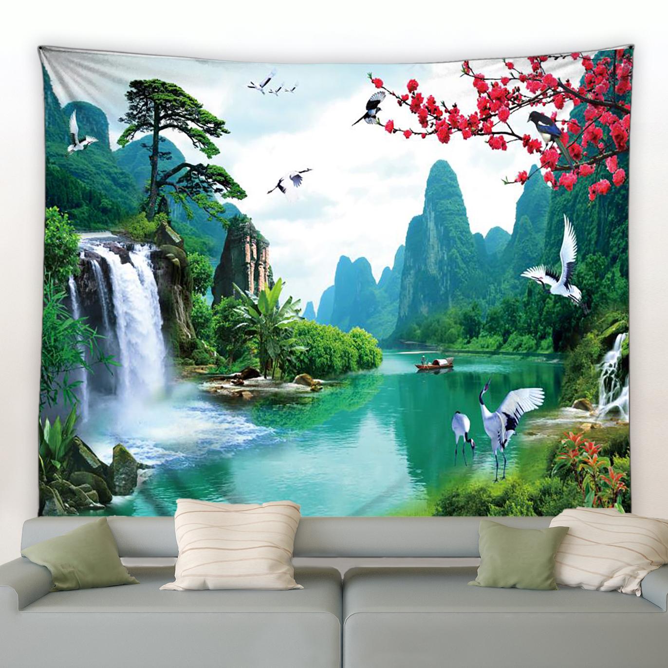 

Природные впечатляющие горы и водопады, пейзажный гобелен, закат, летающие птицы, настенная подвеска, эстетика, украшение для дома 100X75CM