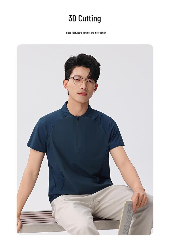 Men's Summer Ice Silk Zipper Sports T-Shirt - Breathable, Solid Color, Stand Collar, Short Sleeve, Casual Business Top