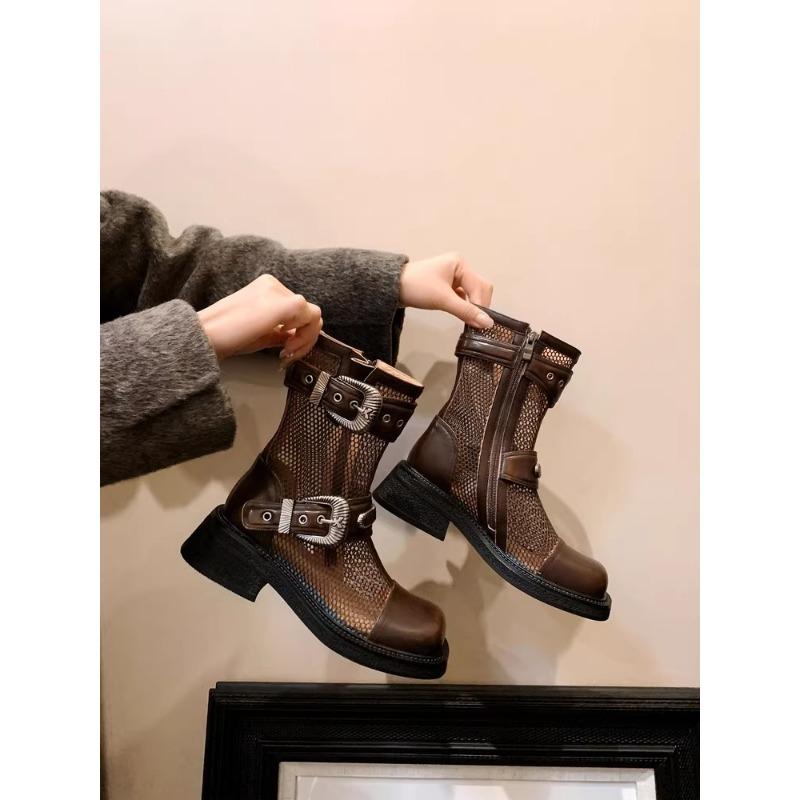 

4,5 см средний каблук толстая подошва сетчатые ботинки женские летние новые полые сетчатые тонкие короткие ботинки пряжка ремня крутые ботинки 40 коричневый