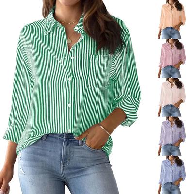 Women's Classic Striped Long Sleeve Button-Up Shirt with Pocket for Office Work Stylish Top Casual Businesswear