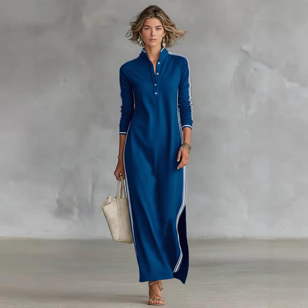 

Женское худи-платье с белой отделкой и воротником-стойкой - Стиль 2025 S синий