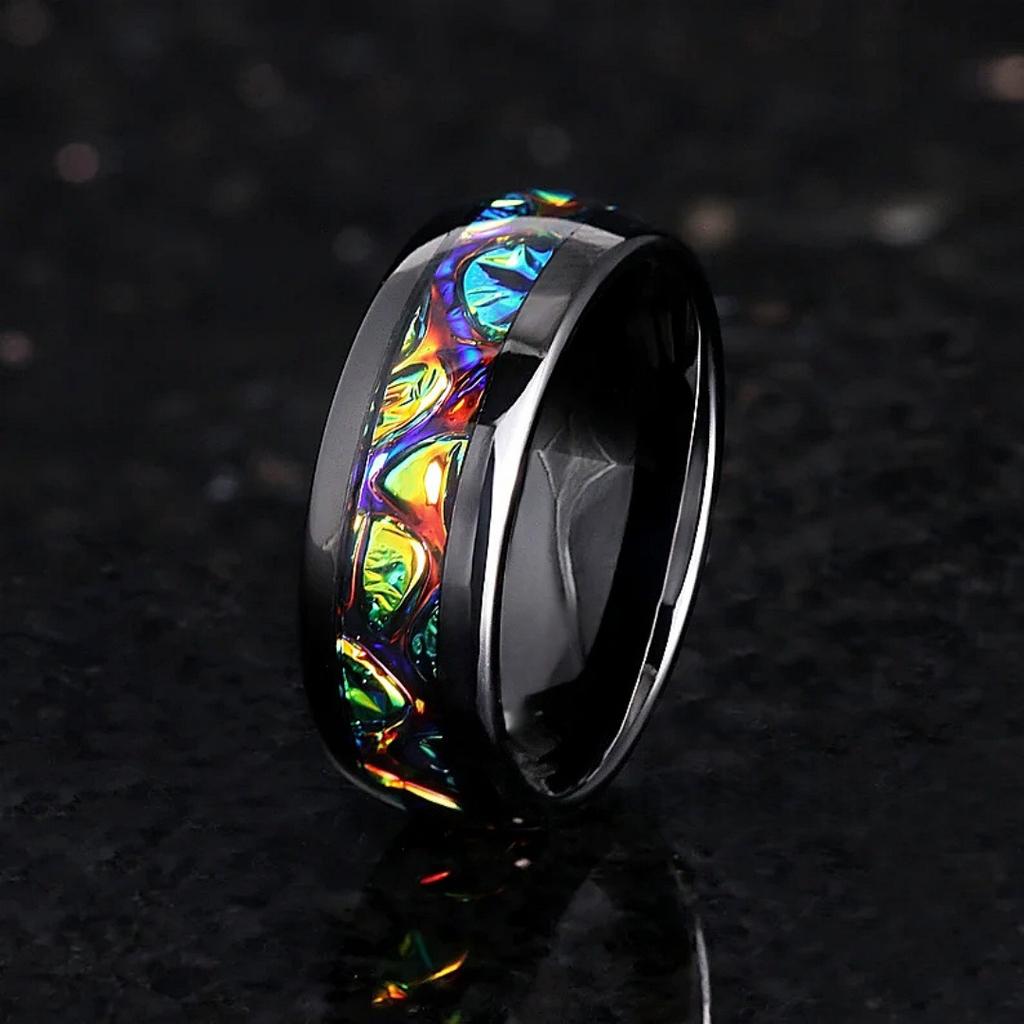 Anillos de acero inoxidable de 8 mm para hombre con diseño de cielo estrellado colorido, alianza de boda negra única, anillo para parejas con incrustaciones de mármol de colores, regalo.
