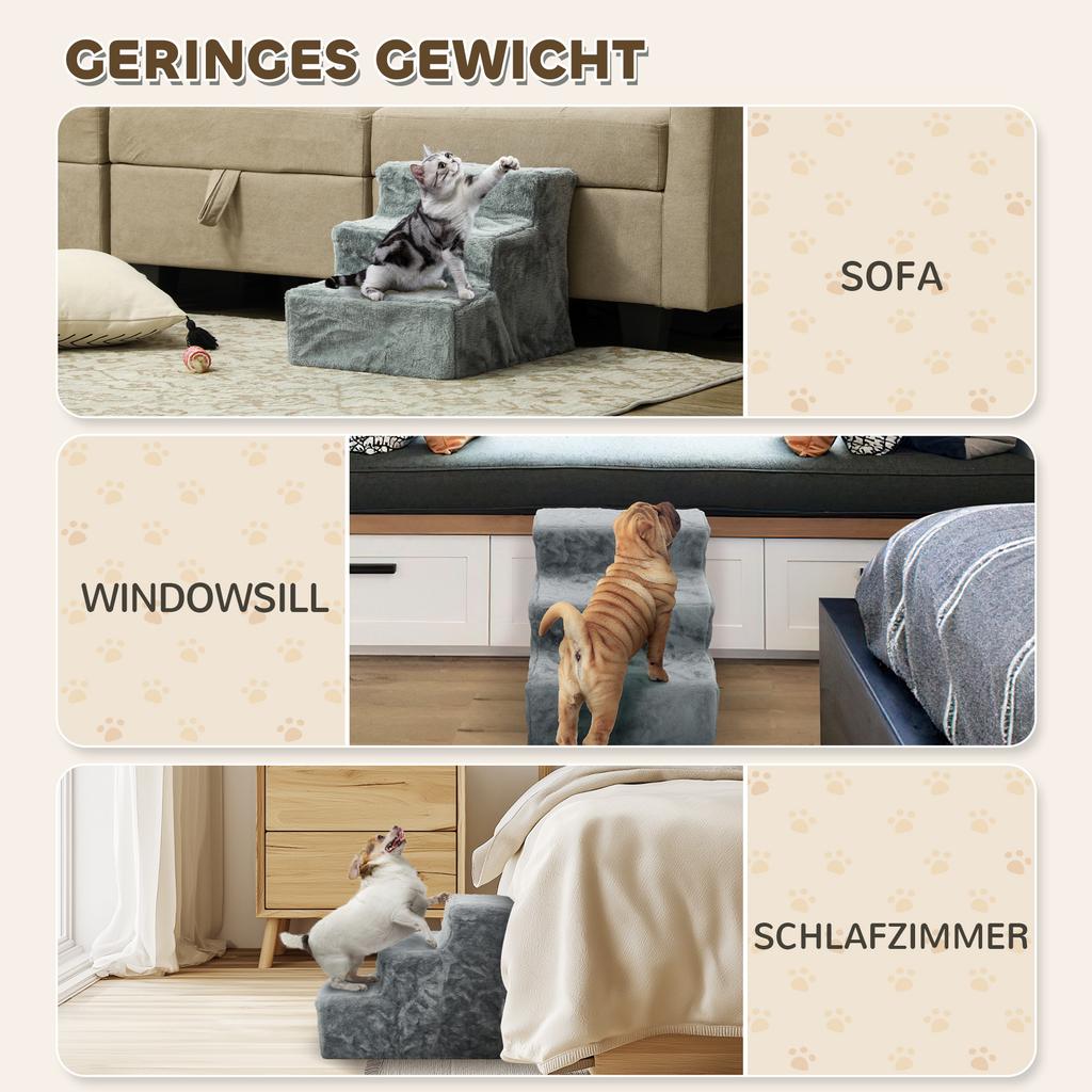 Three-Step Dog Stairs, with Washable Plush Cover, for High Bed Sofa, Dog Stairs for Small Dog and Cat - Light Grey