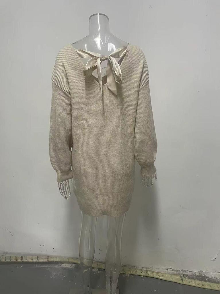 Autumn Women's V-Neck Bowknot Sweater Dress - Loose Knit Pullover