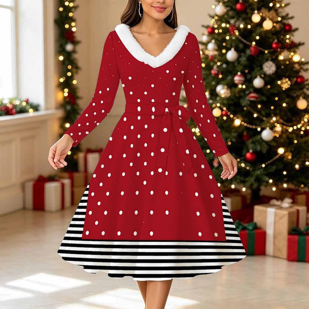 Women Geometric Pattern Print Midi Dress, Long Sleeve V‑Neck Furry Trim A‑Line Party Dress, Christmas Limited Edition