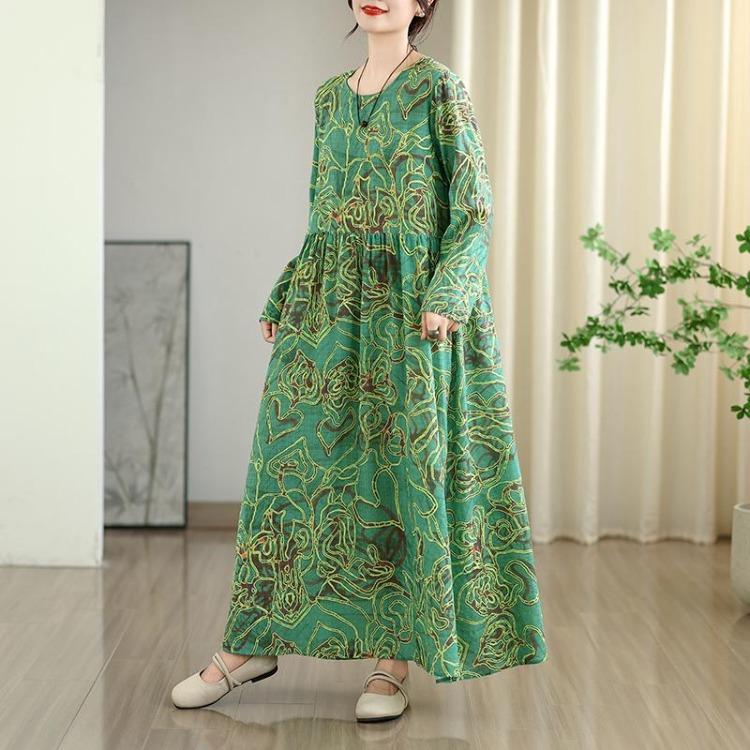 New Vintage Floral Maxi Dress Women Plus Size Spring Long Sleeve Loose Oversize Basic Long Dress