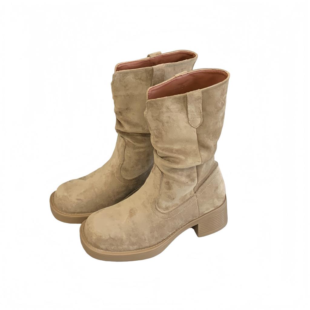 Round head pleated pile boots women's 2025 new medium tube knight boots retro western cowboy boots maillard short boots