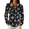 Women's Christmas Print Long Sleeve Button Front Collared Casual Top with Side Slits