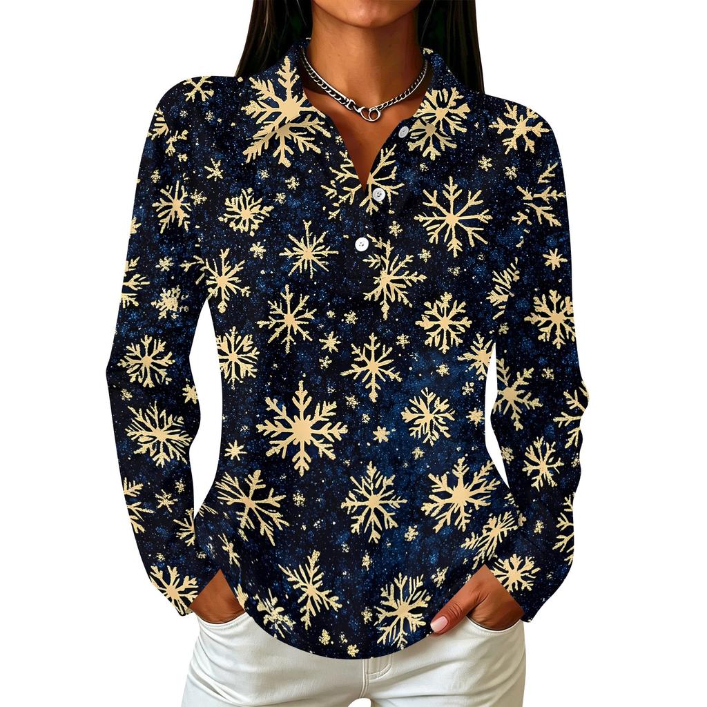 Women's Christmas Print Long Sleeve Button Front Collared Casual Top with Side Slits