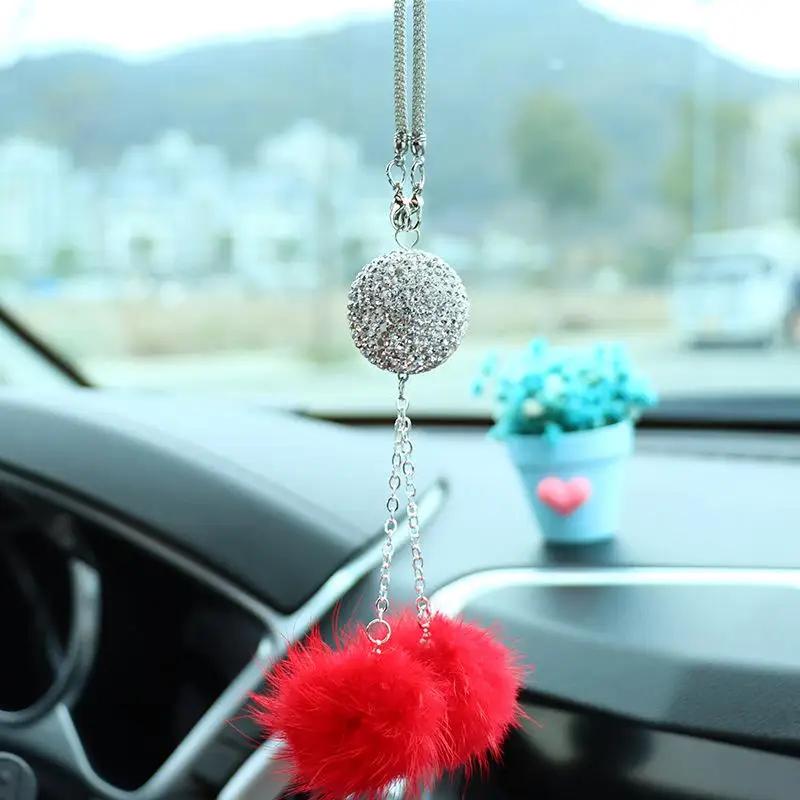 Creative New Mink Hair Crystal Diamond Ball Peach Heart Rearview Mirror Pendant Tassel Style Car Hanging Decoration PendantItems
