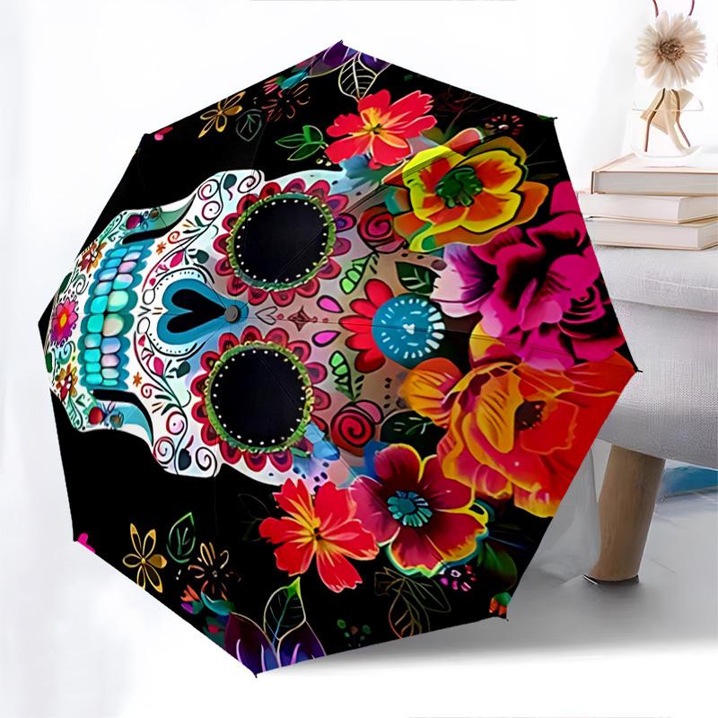 Sugar Skull, Day of the Dead Themed Automatic Opening and Closing Umbrella, Brightly Colored 8-rib Portable Umbrella, Suitable for Men and W